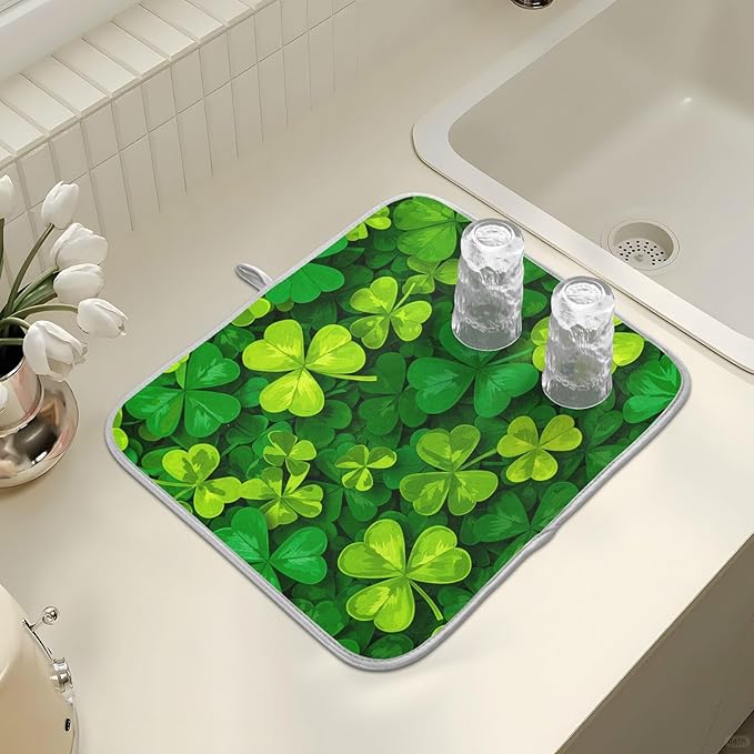Patricks Day Shamrocks Lucky Clover Leaves Dish Drying Mat for Kitchen Counter Absorbent Microfiber Small Drying Pad Dish mats for Kitchen Countertops 16 x 18 Inch