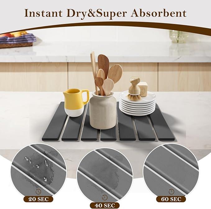 Stone Dish Drying Mats for Kitchen Counter,15.5“x 11.8”,Eco-Friendly,Foldable quick dry stone mat kitchen,Absorbent Diatomaceous Earth Mats for Dishes Bottles Cups Bathroom Any Countertop-Dark Gray