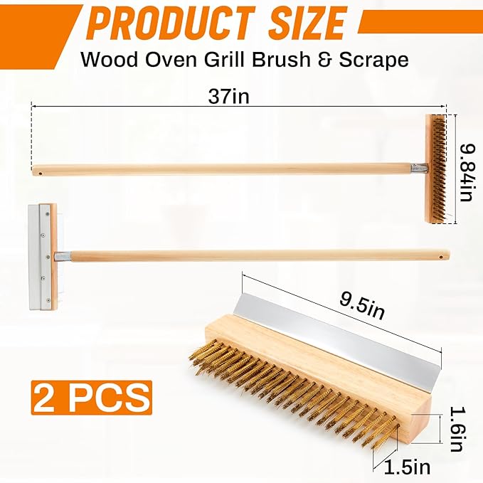 2 Pack 37 Inch Wood Handle Pizza Oven Brush with Scraper Outdoor Pizza Oven Cleaning Brush Tool, Aluminum Threaded Tip, Brass Bristles with Steel Scraper