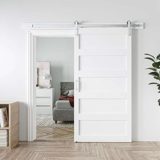 42in x 84in White Sliding Barn Door with 7ft Brushed Nickel Barn Door Hardware Kit & Handle, 5-Panel, Pre-Drilled Holes Easy Assembly, Water-Proof PVC Surface