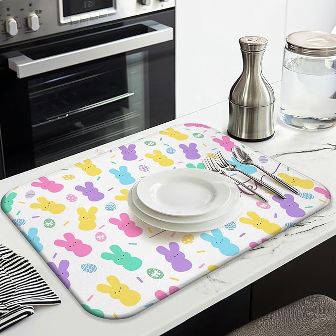Happy Easter Dish Drying Mat for Kitchen Counter,Cute Bunny Microfiber Drying Mat,Washable Absorbent Kitchen Countertop Dish Mat Drain Pad 18×24 Inch