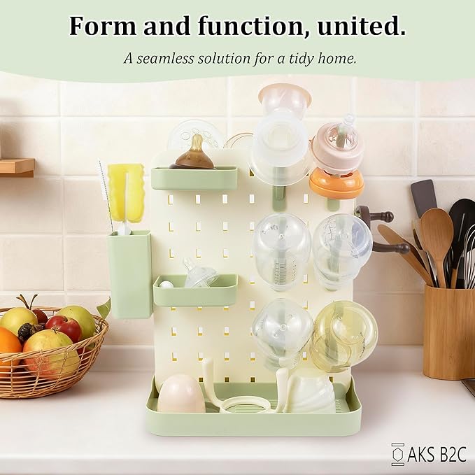 Baby Bottle Drying Rack Space Saving Countertop Vertical Rack with Brushes Holder (Green)