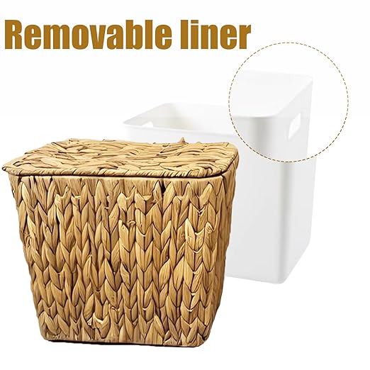 Yatmung Wicker Trash Can Small Bathroom Trash Can with Lid - Boho Waste Basket for Bedroom, Living Room, Office - Natural Water Hyacinth - Narrow Garbage Can with Removable Liner