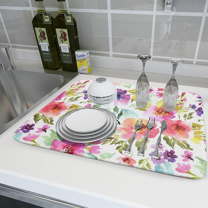 Spring Floral Dish Drying Mat for Kitchen Counter Flower Microfiber Absorbent Dish Draining Reusable Washable Foldable Extra Large 18"x24"