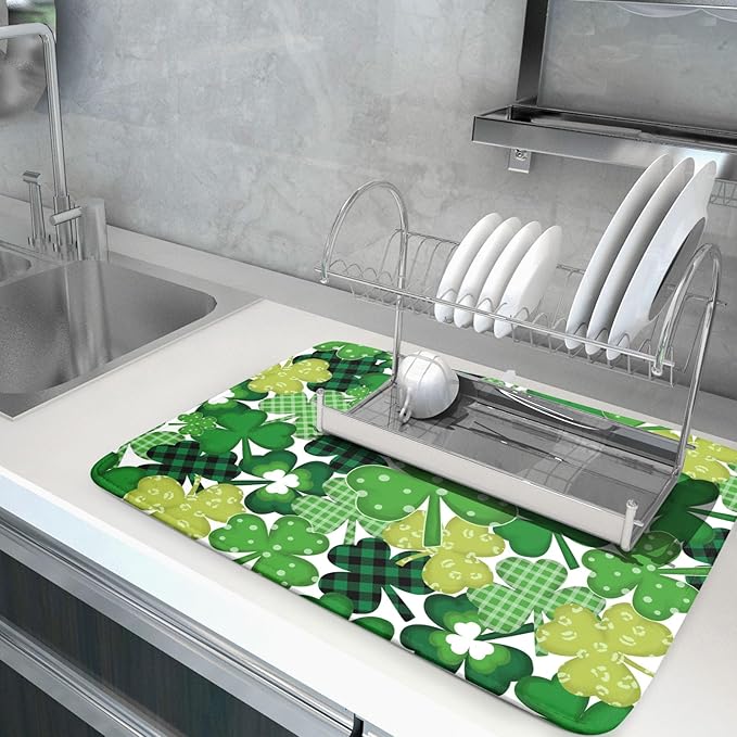 Khope St Patrick's Day Dish Drying Mat for Kitchen Counter 18x24 Inch Green Shamrock Reusable Washable Lucky Clover Plaid Drying Pad Countertop Home Decor