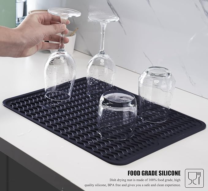 Large 24" x 18" Silicone Dish Drying Mat for Kitchen Counter, Easy clean, Quick Dry, Heat-resistant Dish Drainer Mat for Sink,Refrigerator or Drawer liner (Food Grade Silicone-Dark Blue)