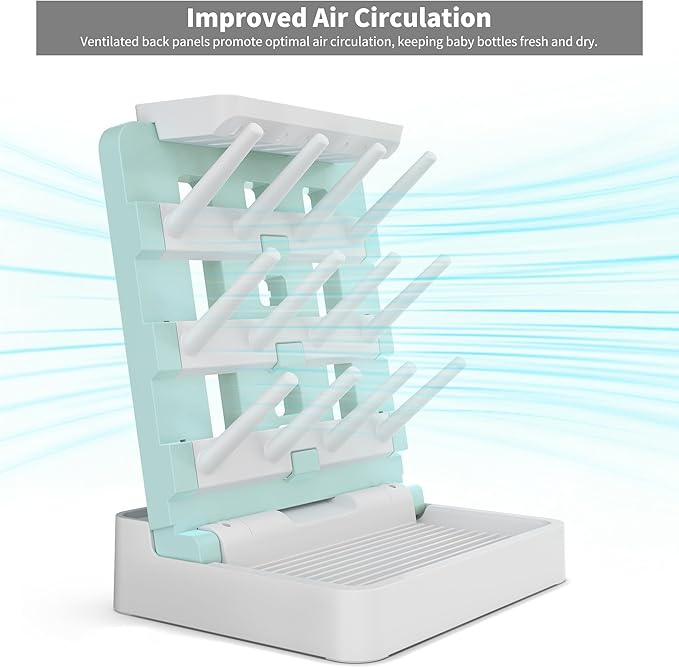 Baby Bottle Drying Rack, Vertical Standing Bottle Dryer Rack Holder-Space Saving Baby Bottle Drying Rack for Countertop-Holds Up to 12 Baby Bottles & Cup(Blue & White)