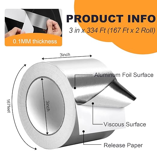 DGSL Aluminum Foil Tape, 3in x334ft(3.9 mil)-2 Pack Silver Metal High Temperature Heavy Duty HVAC Tape for Ductwork, Sealing, Patching, HVAC