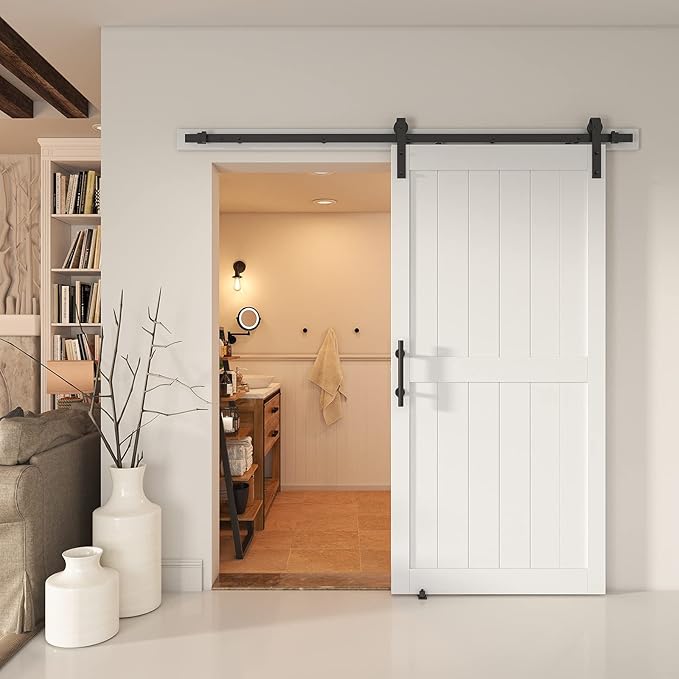 40''x84'' Sliding Barn Door with 7 Ft Barn Door Hardware Kit& Handle& Floor Guides,Pre-Drilled Holes Easy Assembly - Include Installation Manual, Water-Proof PVC Surface, H-Frame, White