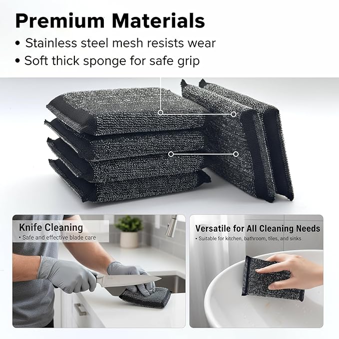 6 Pcs Steel Wool Scrubber Kitchen Sponges, Non Scratch Scrubbers Heavy Duty Reusable Multipurpose Cleaning Scrubbing Sponges Scrubbers for Pots, Pans, Gentle and Scratch Free Household Cleaning