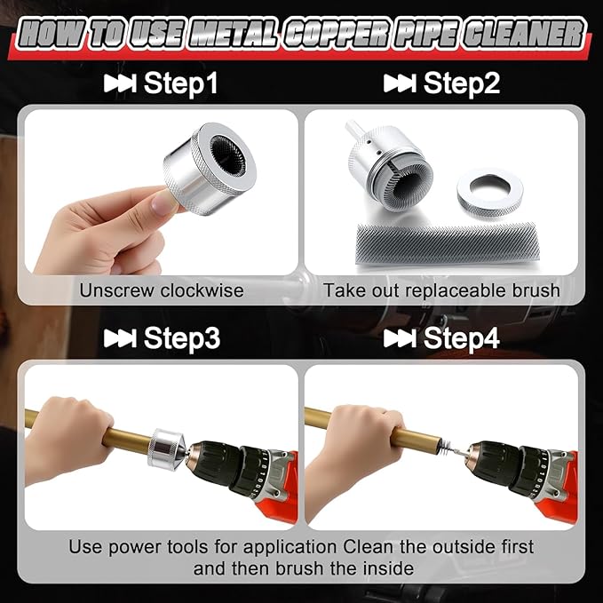 2'' Copper Pipe Cleaner for Drill with 1/4" Hex Shank & Brush Blades & Metal Pipe Cleaning Brush, Tube Thread Cleaner, Plumbing Tools for Plumber Removing Rust, HVAC Stain Removal(1 Piece)