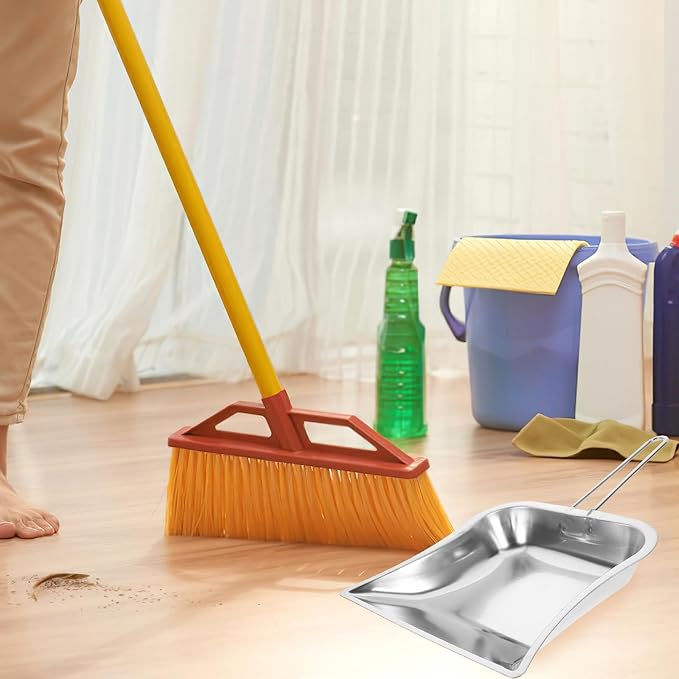 Artibetter Stainless Steel Handheld Dustpan 2pcs with Long Handles Portable Cleaning Shovel for Home Kitchen and Office Trash Collection