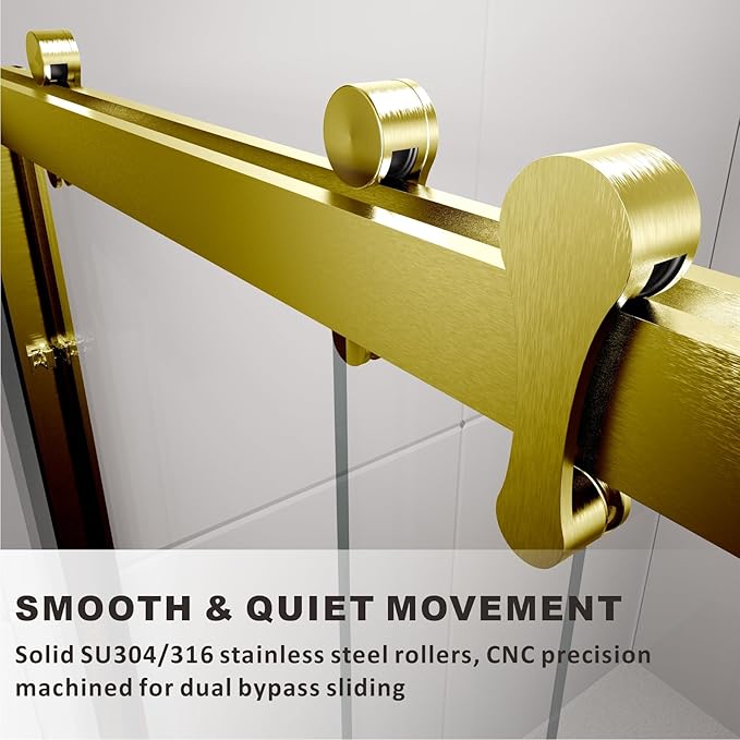 56"-60" W X 66" H Double Sliding Bathtub Door with Frame - Satin Brass Hardware, 8mm Tempered Glass, Stainless Steel Hanger Rollers, Easy-Cleaning Coating, Through-Glass Towel Bar & Knob?