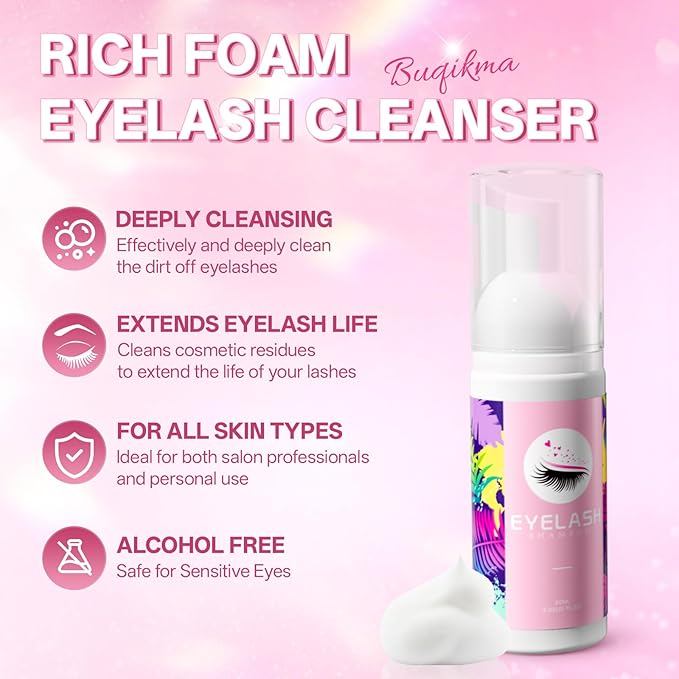 Buqikma Lash Shampoo Kit - Eyelash Extension Cleanser for Extensions 60ML with Rechargeable Handheld Lash Fan Dryer Mascara Brush Rinse Bottle Makeup Cleansing Foam for Lash Care