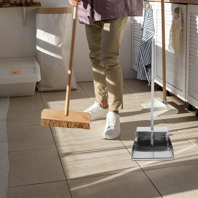 Cabilock Stainless Steel Upright Dustpan with Long Handle Heavy Duty Metal Dust Pan for Home Cleaning Floor Debris Removal 28.34X10.03X8.54 Inches No Bent Over Garbage Shovel
