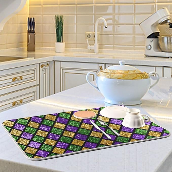Mardi Gras Dish Drying Mat for Kitchen Gold Purple Green Buffalo Plaid Microfiber Drying Mats Absorbent Reversible Dish Pad Medium Dish Draining Mat 16x18 inch