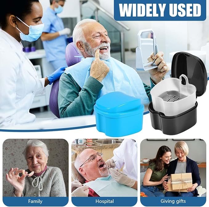 2 Pack Denture Bath Case Cup Box Holder Storage Container with Denture Cleaner Brush Strainer Basket for Travel Cleaning (Light Blue and Black)