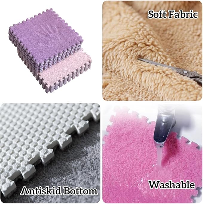 12Pcs Interlocking Carpet Tiles,12"x 12" Plush Interlocking Foam Carpet Tile with Border,Fluffy Play Mat Floor Tiles Thick Padded Squares Foam Tile for Playroom Decor (White+Pink+Purple)