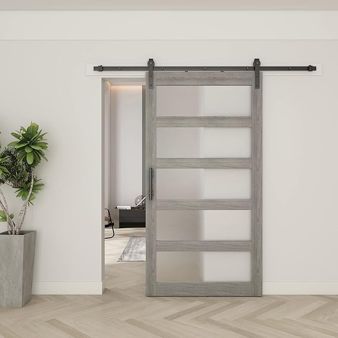 BARNSMITH 48in x 96in Glass Barn Door and 8FT Sliding Door Hardware Included, 5-Panel Frosted Glass, Solid Wood Covered with Water-Proof PVC Surface, Easy Assembly, Grey