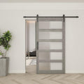 BARNSMITH 48in x 96in Glass Barn Door and 8FT Sliding Door Hardware Included, 5-Panel Frosted Glass, Solid Wood Covered with Water-Proof PVC Surface, Easy Assembly, Grey