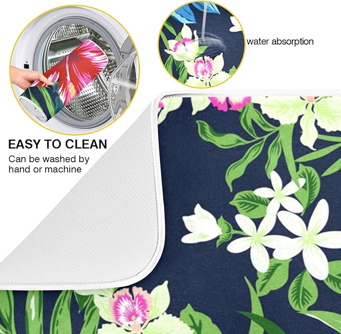 Tarity Colorful Tropical Flowers Dish Drying Mat for Kitchen Counter Absorbent Heat Resistant Microfiber Dishes Drainer Mat 16x18 in Dish Pad Sink Mat Protective Pad Kitchen Decor