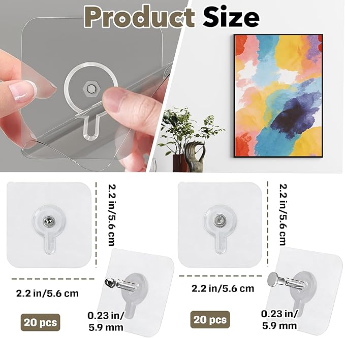 40 PCs Wall Hangers Without Nails, 2 Types Adhesive Hooks for Hanging（Hooks & Screw） Picture Hangers Without Nails, No Nail Picture Hangers, Adhesive Picture Hangers for Multiple Use, No Drill Needed