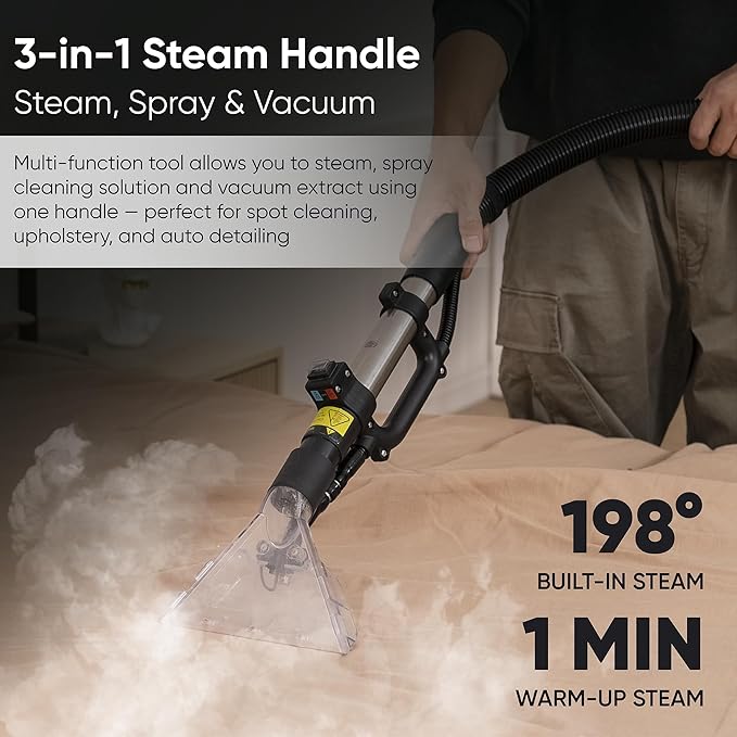 Dapper Commercial Carpet and Upholstery Extractor Cleaning Machine with Steam, Spray-Vacuum, & Mite Remover. 2.5 Gal Tank — Designed for Deep Cleaning. Dual Separate Circuit Power Cords