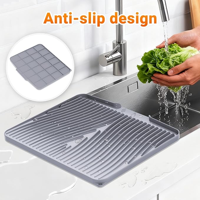 Silicone Dish Drying Mat for Kitchen Counter, Dish Drying Pad, Non-Slip Drain Pad with Built-in Drain, Heat Resistant Stone Drying Mat,Grey-2pcs