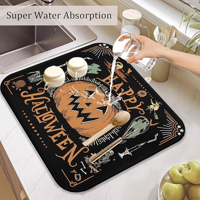 Halloween Dish Drying Mat for Kitchen Counter,Vintage Halloween Pumpkin Skull Ghost Pattern Microfiber Drying Mat,Washable Absorbent Countertop Holiday Dish Mat Drain Pad,16x18Inch