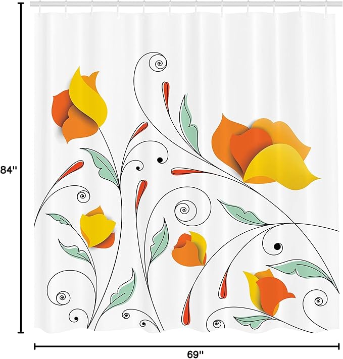 Ambesonne Floral Shower Curtain, Bouquet with Swirled Branches Romantic Paper Flowers Origami Autumn Blooms Image, Cloth Fabric Bathroom Decor Set with Hooks, 69" W x 84" L, Mint Orange