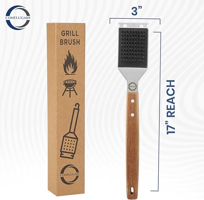 Strong BBQ Grill Brush and Scraper – Heavy-Duty Grill Cleaner with Long Wooden Handle & Replaceable Stainless Steel Bristles – Fast Deep Cleaning, Safe for All Grills – No-Scratch Outdoor Grill Brush