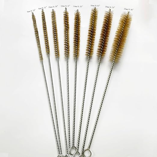 8Pcs Brass Wire Tube Cleaning Brush Set 12inch Long Handle Bristle Tube Brush Metal Pipe Cleaner Bore Brush for Auto Parts, Tubes, Bottle, Glass (6, 8, 10, 12, 14, 16, 20, 25mm)