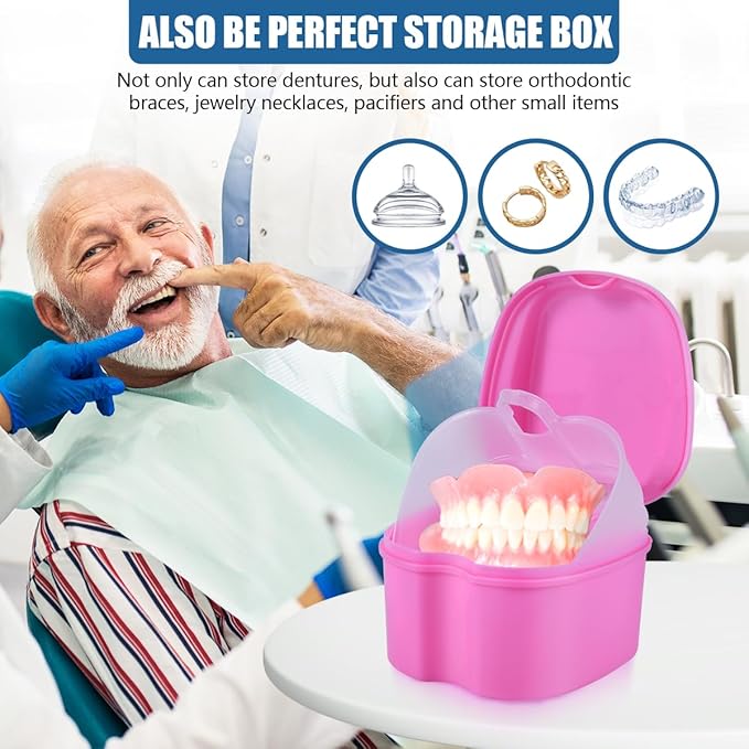 Pink Denture Bath Case Cup Box Holder Storage Container with Denture Cleaner Brush Strainer Basket for Travel Cleaning