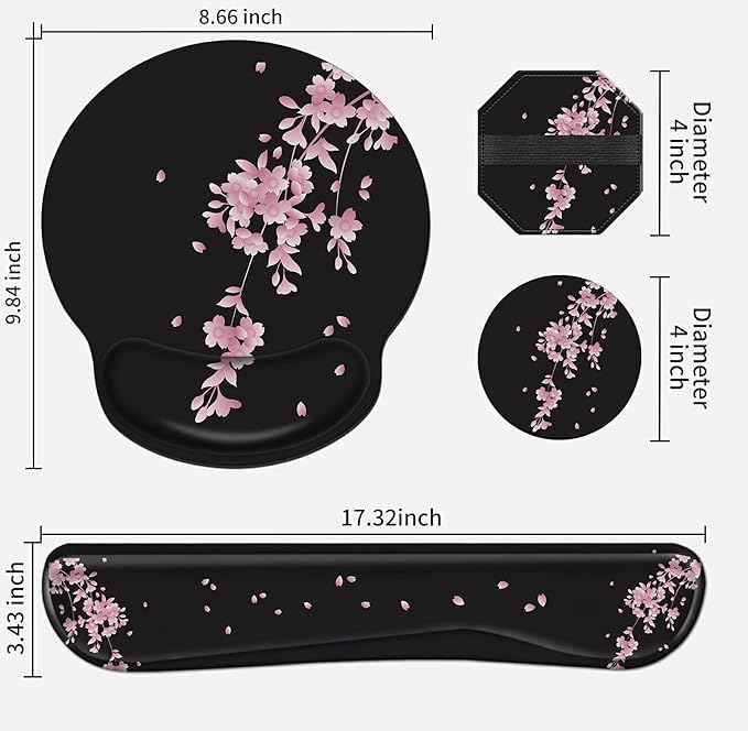 Wrist Rests for Keyboard and Mouse Support Gel Pad + Screen Cleaning Pad + Coaster, Cloth Wipes for Laptop/Computer Screen, Ergonomic Memory Foam Mousepad for Gaming/Work, Cherry Blossoms