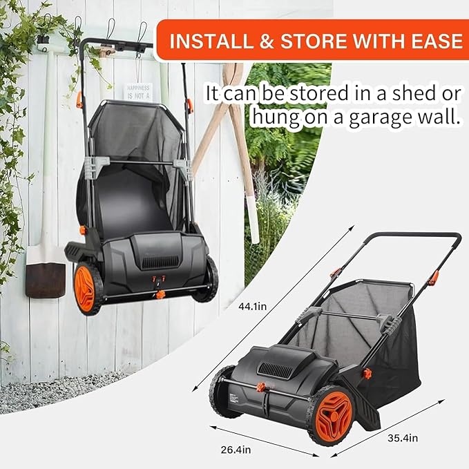 Hand Push Lawn Sweeper, 21" Sweeping Width Floor Sweeper Manual Non-Electric, 3.5 cu. ft. Large Mesh Collection Hopper Bag, 2 Spinning Brushes for Walkway, Yard, Garage, Patio (21")