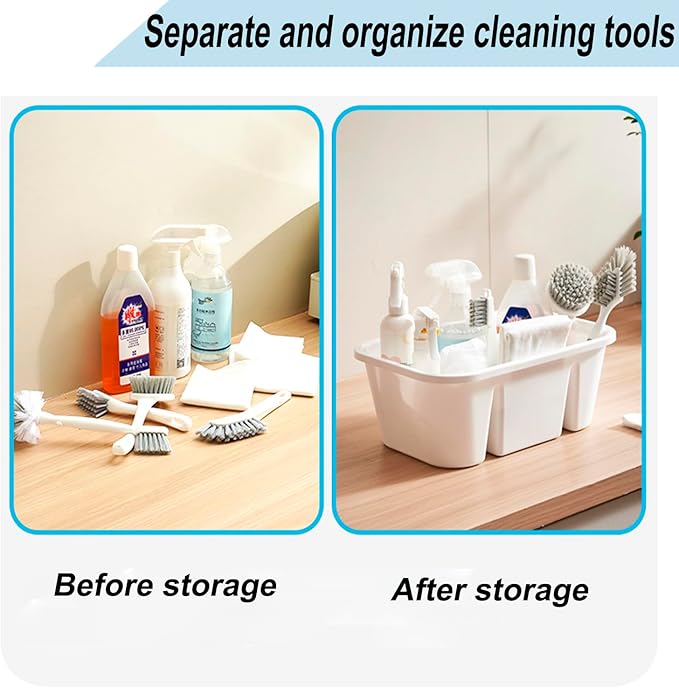 Portable Shower Caddy Basket with Compartments, Plastic Divided Cleaning Supplies Organizer with Handle, Multi-Purpose Organizer for Bathroom, Dorm, Garden, Tool, Under Sink (White, 1 Pack)