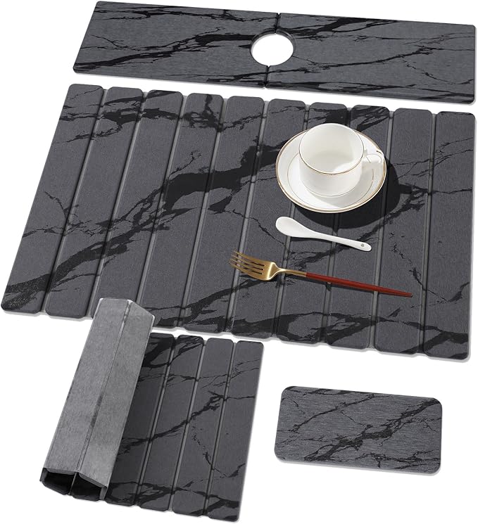 3 PCS Large Stone Dish Drying Mat for Kitchen Counter, Quick Dry Stone Dishes Mats, Sink Faucet Mat, Marble Water Absorbing Diatomaceous Earth Drying Pad for Countertop Tableware, Bottles, Cups