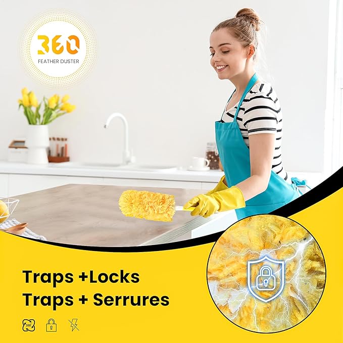 Heavy Duty Duster Refills, Unscented Disposable Dusters Kit for Cleaning Dusting Furniture Blind Ceiling Fan, Electrostatic Lock-Dust Technology 360 Feather Duster，60 Duster Refills and 1 Handle