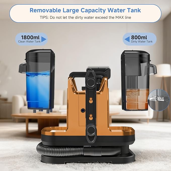 Portable Carpet & Upholstery Cleaner Machine, Handheld Spot Cleaner with Dual Brush, 18KPa Suction, Large Removable Tank for Couch, Car, Stairs, Rugs & Pet Stains, Yellow