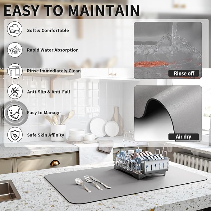 Dish Drying Mat for Kitchen Counter, Heat Resistant Drainer Mats with Non-slip Rubber Backed, Hide Stain Kitchen Super Absorbent Draining Mat, Easy to Clean Dish Rack Pad, Grey 16"x20"