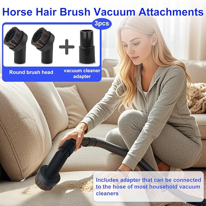 3pcs Horse Hair Brush Vacuum Attachments, 1.25'' Black Round Dust Brush Replacement with 1-1/4'' to 1-3/8'' Hose Adapter Tool for Hard-to-Reach Areas, Most Vacuum Cleaners Accessories