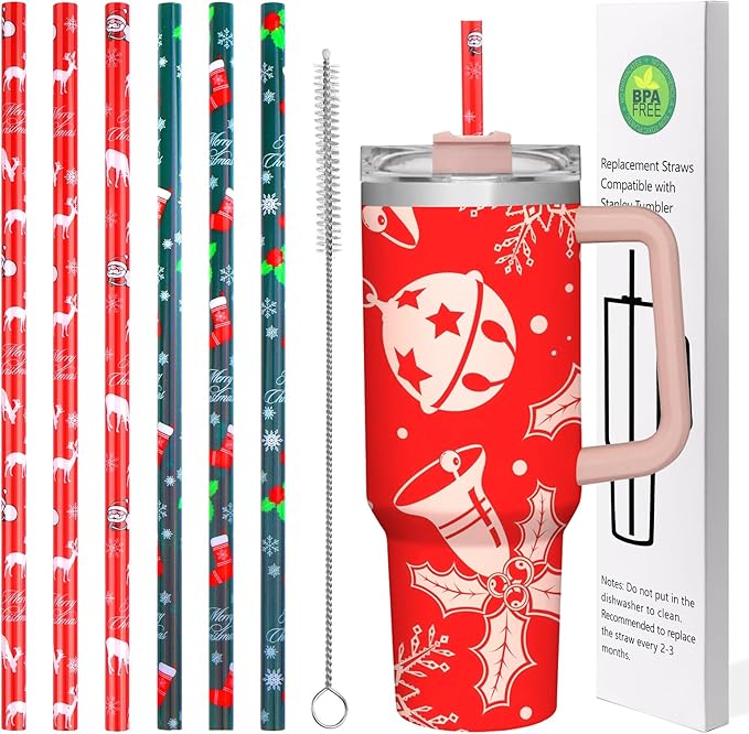 AIERSA 6 Pack Christmas Straw Replacement for Stanley 30&40oz,Plastic Reusable Straw for Stanley Tumbler,Long Straws with Cleaning Brush for Stanley Cup Accessories