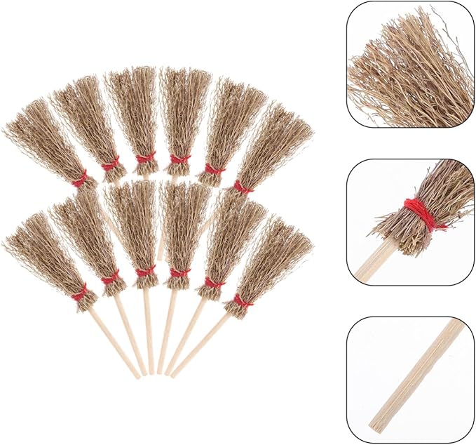 EXCEART Mini Broom Witch Accessory 3.74 Inch Straw Broomstick with Red Hanging Rope for Halloween Party Decoration and Costume Prop