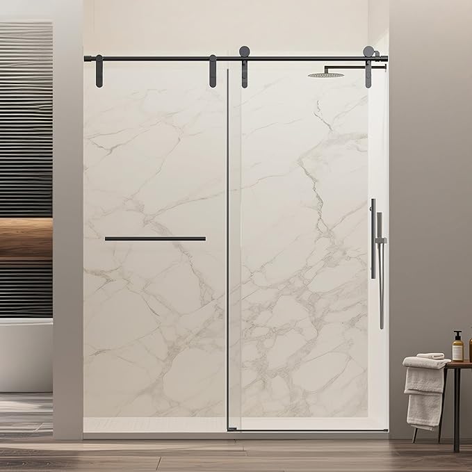 56-60" W x 76" H Frameless Single Sliding Shower Door, Bathroom Glass Shower Doors with 5/16" (8mm) SGCC Tempered Glass, Stainless Steel Towel Rail Handle and Heavy Duty Frame, Matte Black
