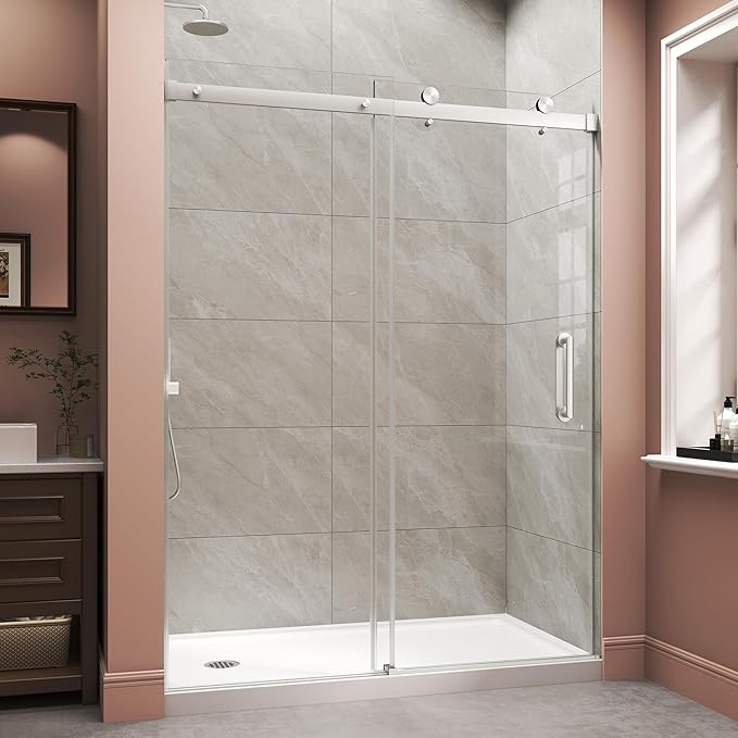 Frameless Shower Door,Single Sliding Glass Shower Door with Nano Coating & Safety Film, Adjustable 49"-54" W x 72" H, Brushed Nickel,1/4" (6mm) SGCC Tempered Glass