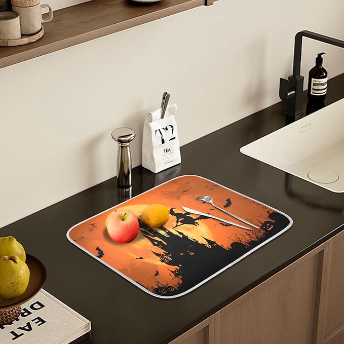 Halloween Witch Bat Castle Pumpkin Dish Drying Mat for Kitchen Counter Absorbent Microfiber Large Drying Pad Dish mats for Kitchen Countertops 18 x 24 Inch