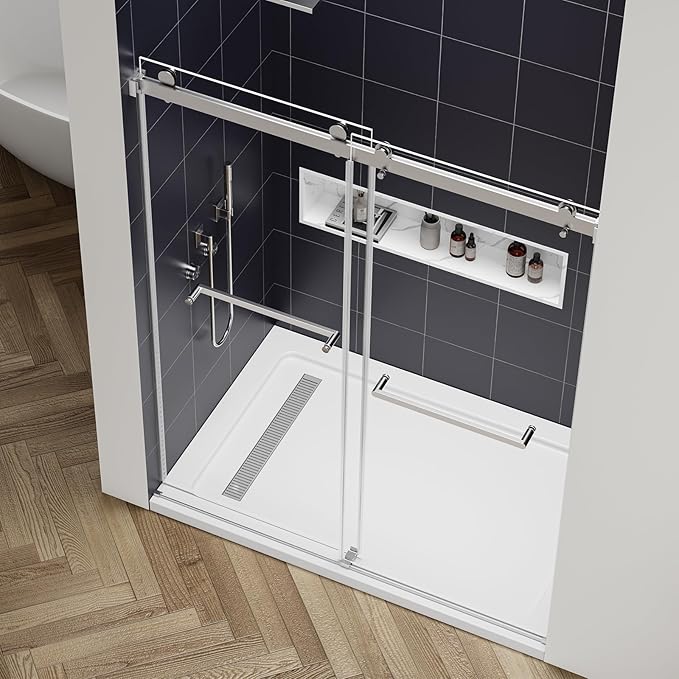 56-60" W x 76" H Double Sliding Frameless Shower Glass Door, 5/16" (8mm) ANSI & SGCC Certified Tempered Glass with Double Nano Coating, Stainless Steel Hardware & Towel Rack (Brushed Nickel)