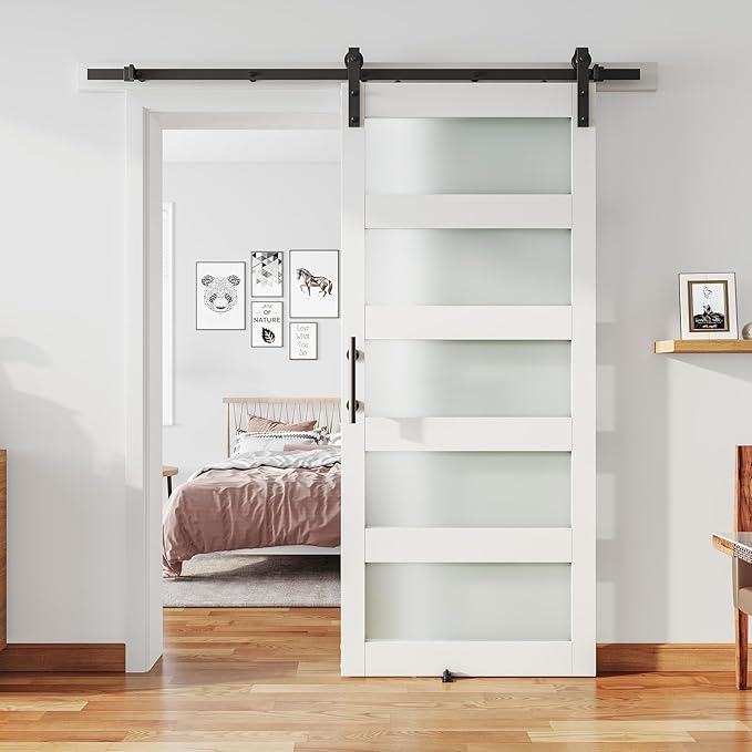 36'' x 80'' Glass Barn Door and 6.6 Ft Hardware Kit Included, MDF White Barn Door Slab with Frosted Glass, PVC Surface, Combined with Handle and Floor Guide-Assembly Required, White