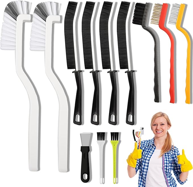 12Pcs Crevice Cleaning Brush Set, Hard Bristle Cleaning Tool with Scraper, Grout Brush kit for Bathroom, Kitchen, Sink, Faucet, Window Grooves, Bottles, Blenders
