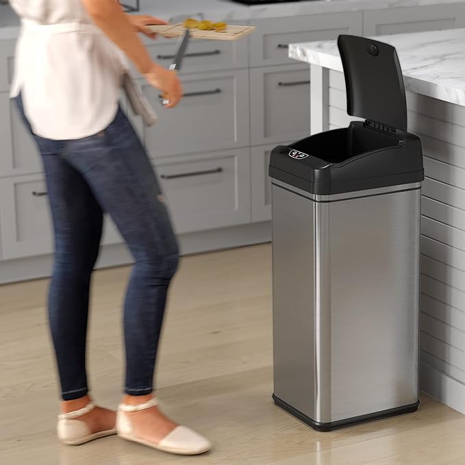 iTouchless 50 Liter / 13 Gallon Sensor 2.0 Dog-Proof Kitchen Trash Can with Lid Lock and AbsorbX Odor Filter, Touchless Lid, Stainless Steel Garbage Recycling Bin for Kitchen, Home, Office, Business